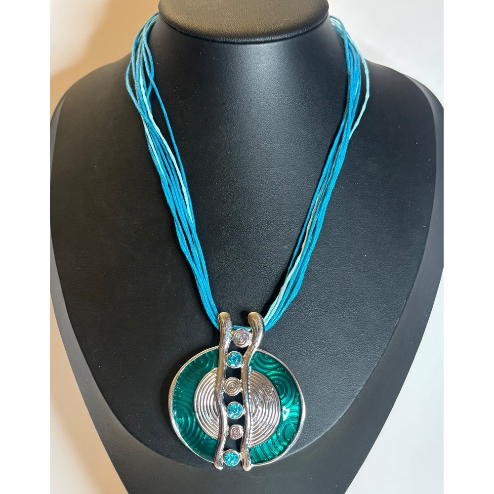 Barcelona Artisan Multi Strand Cord Necklace Teal Enamel Blue Rhinestone Pendant